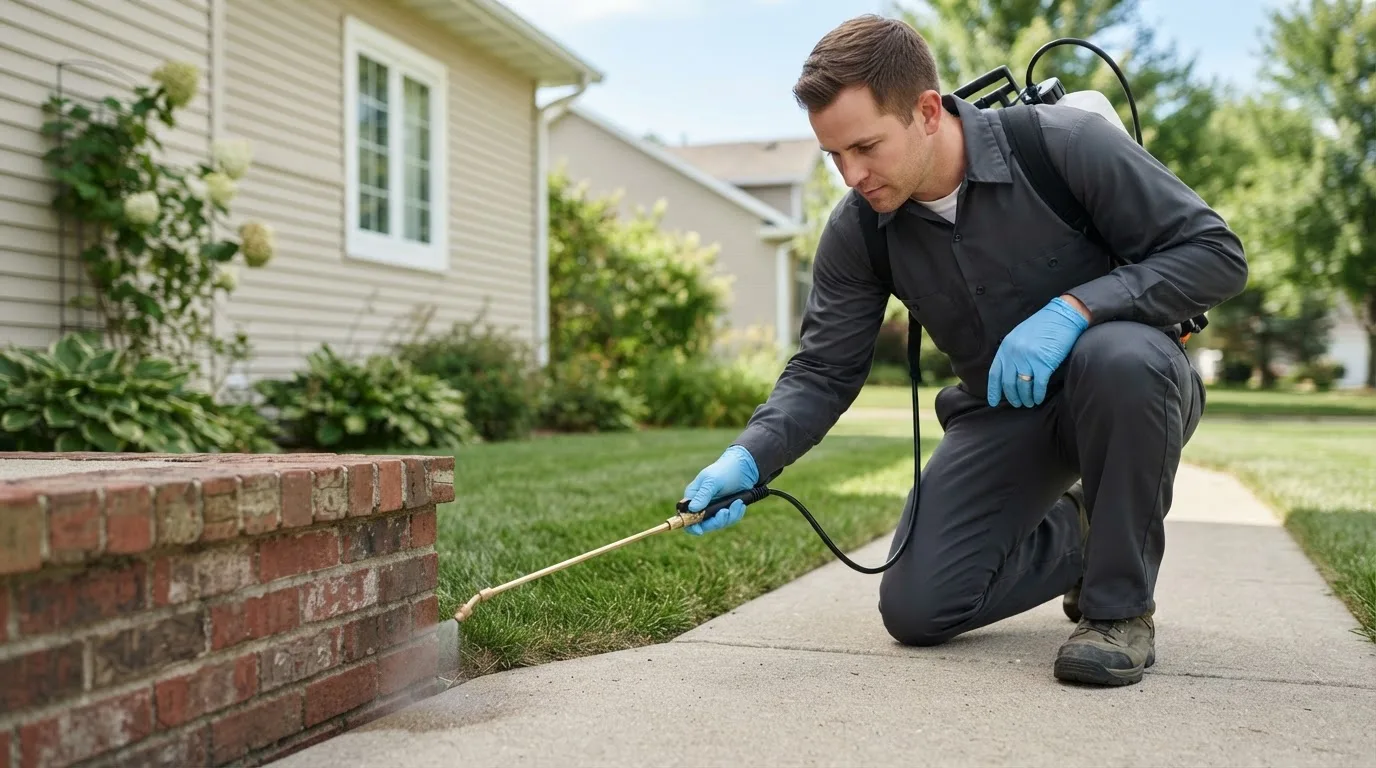 Pest control technician treating a home near Rowley, IA
