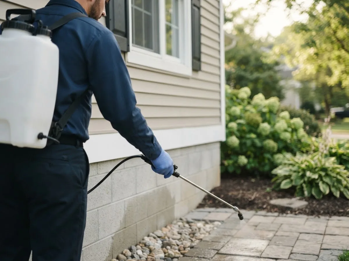 Pest control technician inspecting a home in Rowley, IA